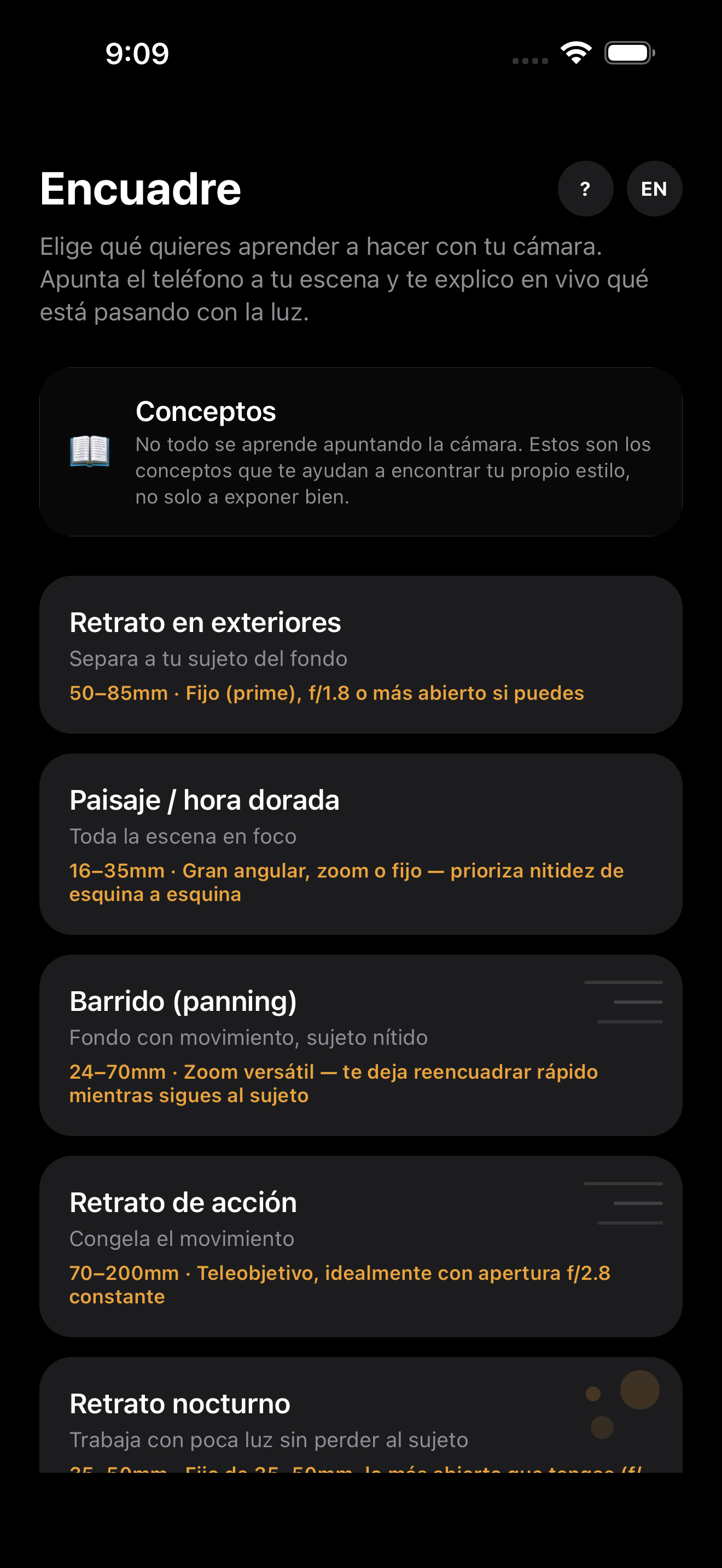 Selector de modos de escena de Encuadre