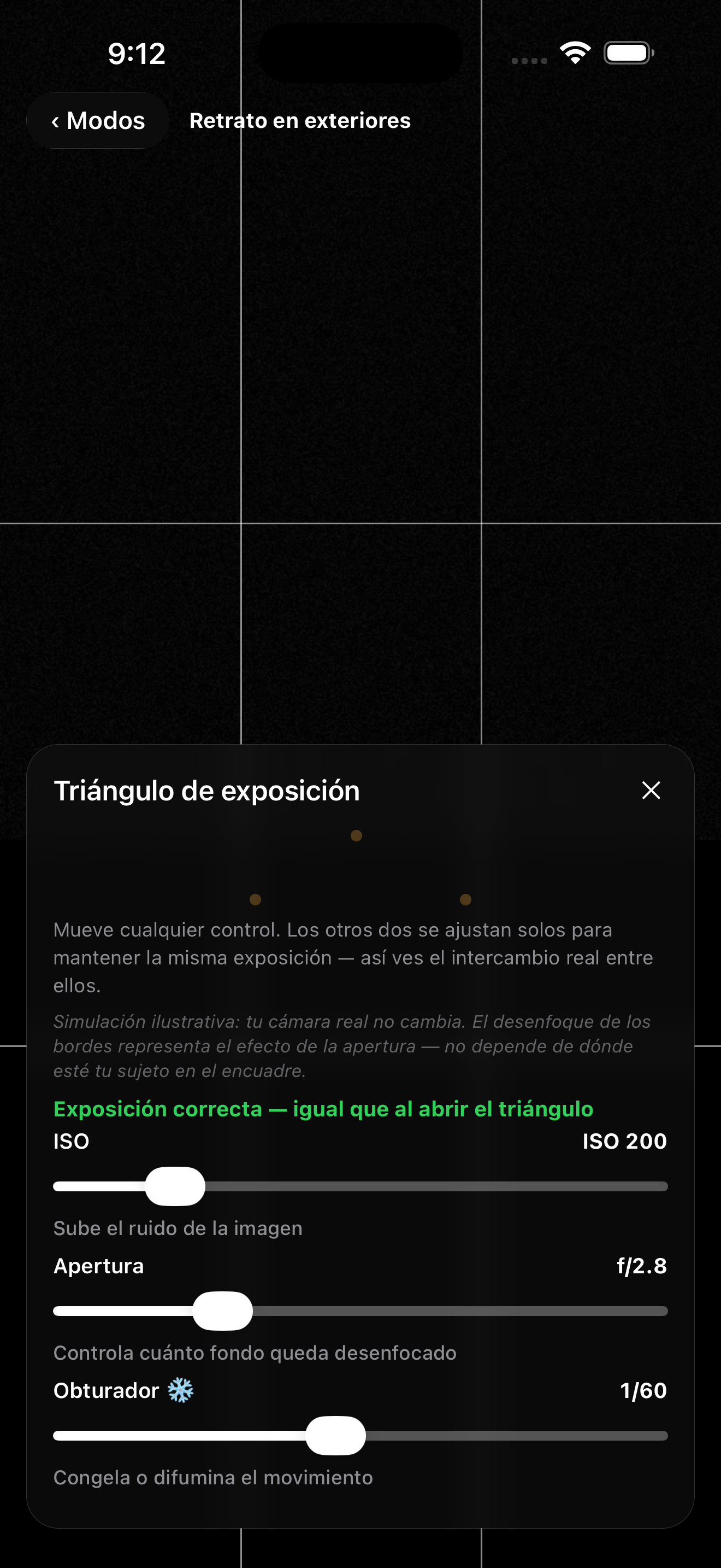Panel del triángulo de exposición con ISO, apertura y obturador